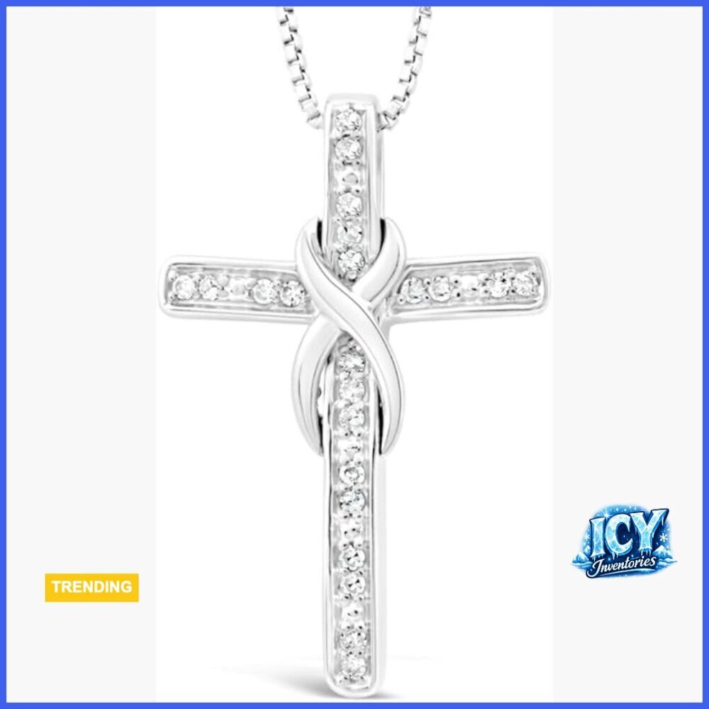 Sterling Silver Diamond Cross Necklace Infinity 1/10 CTTW 18 Inch Chain